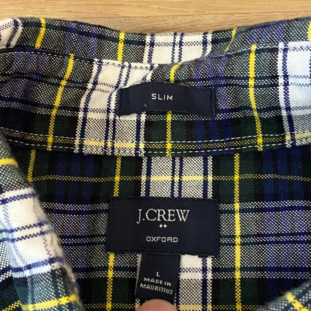 J. Crew Slim Oxford Shirt Mens Large Tartan Plaid Blue Green Yellow Button Down
